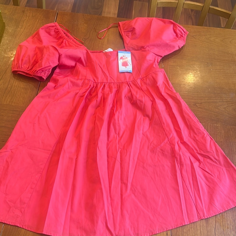 Draper James Puff Sleeve Square Neck Dress Hibiscus Red Large NWT